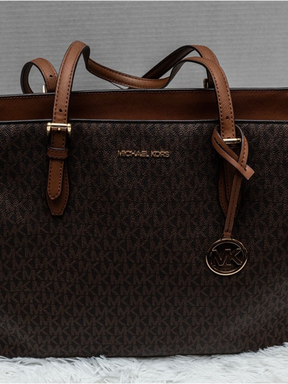 Michael Kors Jet Set Travel Large Drawstring Tote Signature Brown Leather Trim